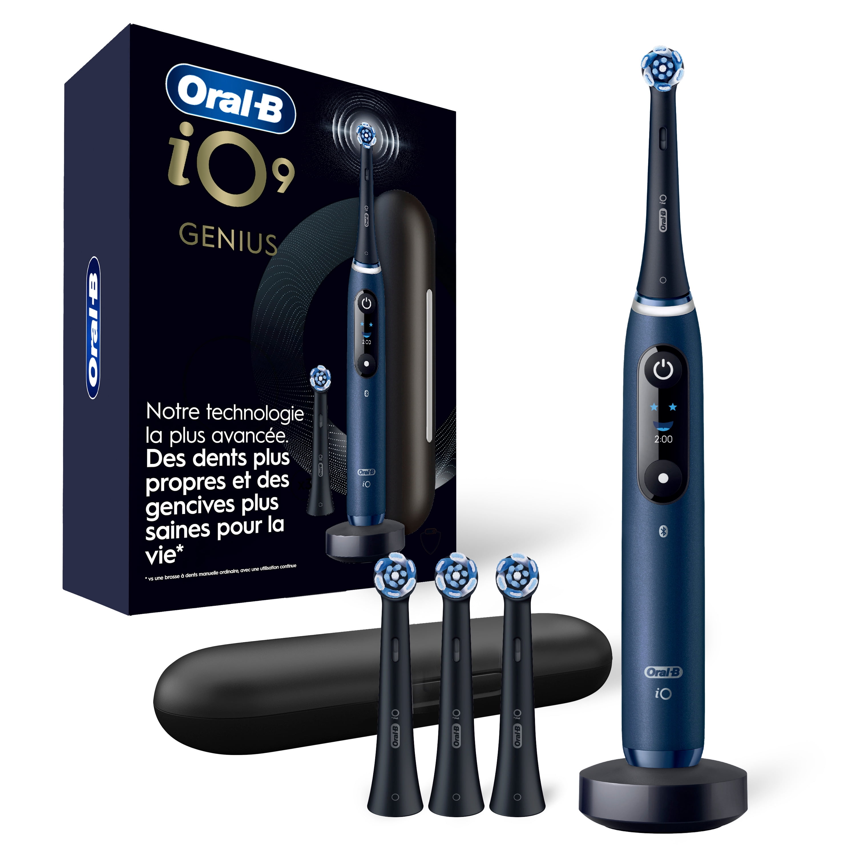 Brosse à dents électrique rechargeable Oral-B, iO9 Genius, 7 modes de nettoyage, écran interactif, étui de voyage avec chargeur intégré, détecteur de pression visible, 4 brossettes, bleu saphir