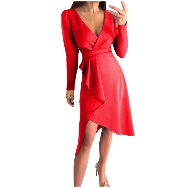 Pompotops Mode Femmes Sexy Casual Fesses V-Cou Minceur Solide Longue Robe à Manches Longues en Vente