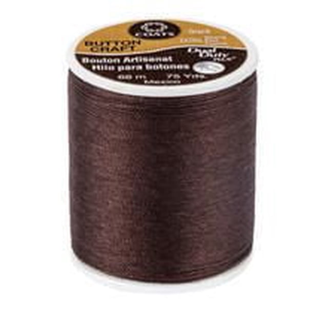 Coats & Clark Dual Duty Extra Strong Button & Craft Thread spool in dark brown, made of 74% polyester and 26% cotton with a polished glacé finish to prevent tangling and abrasion, ideal for heavy-duty hand sewing and craft projects.