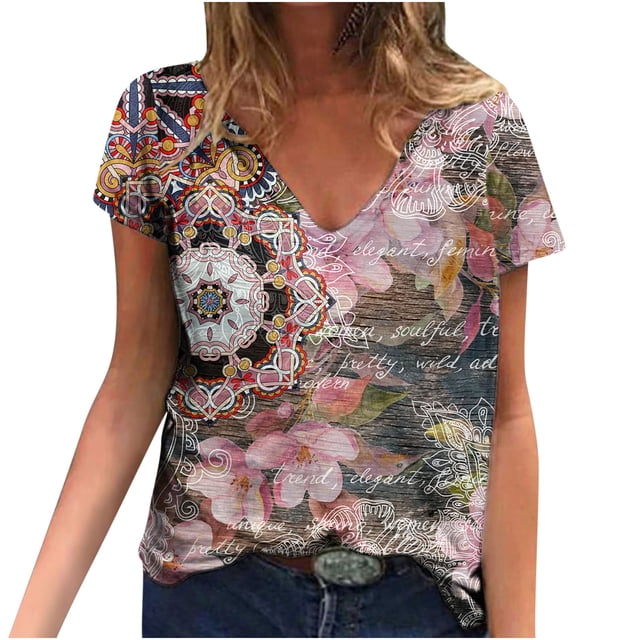 Hauts d'Été pour Femmes Manches Courtes Femmes Blouse d'Été Imprimée T-Shirts Décontractés Col en V Manches Courtes T-Shirts Hauts