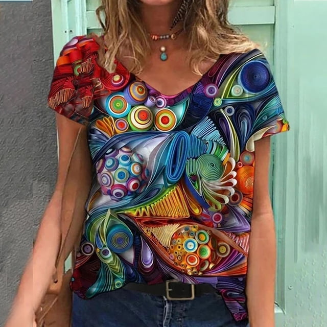 CEHVOM Mode Femme Col en V Été Manches Courtes Hauts à Imprimés Papillons T-Shirt Ample