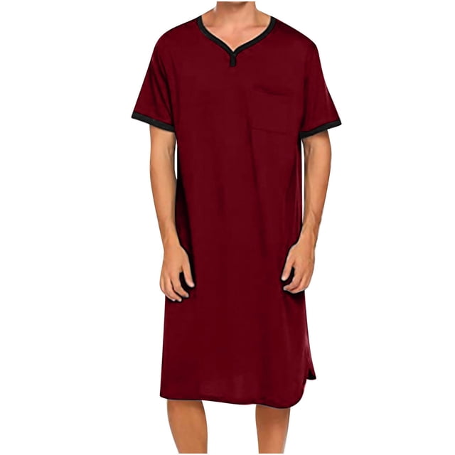 Chemise de Nuit Texturée en Coton pour Hommes, Robe de Nuit à Manches Courtes, Longue Robe, Blouse à Col en V, Haut de Pyjama, Coupe Ample et Décontractée, Confort, Chemise de Nuit Décontractée avec Poches