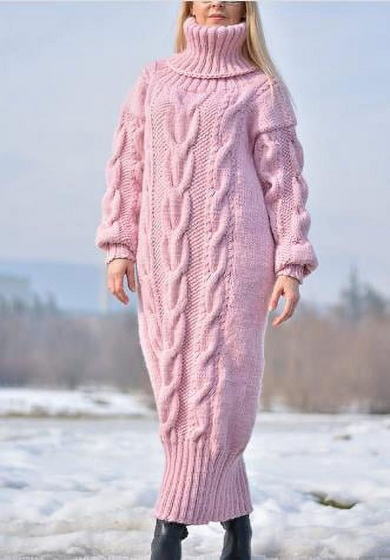 Ladies‘ Winter Knitted Maxi Dress with Long Sleeves and High Neck