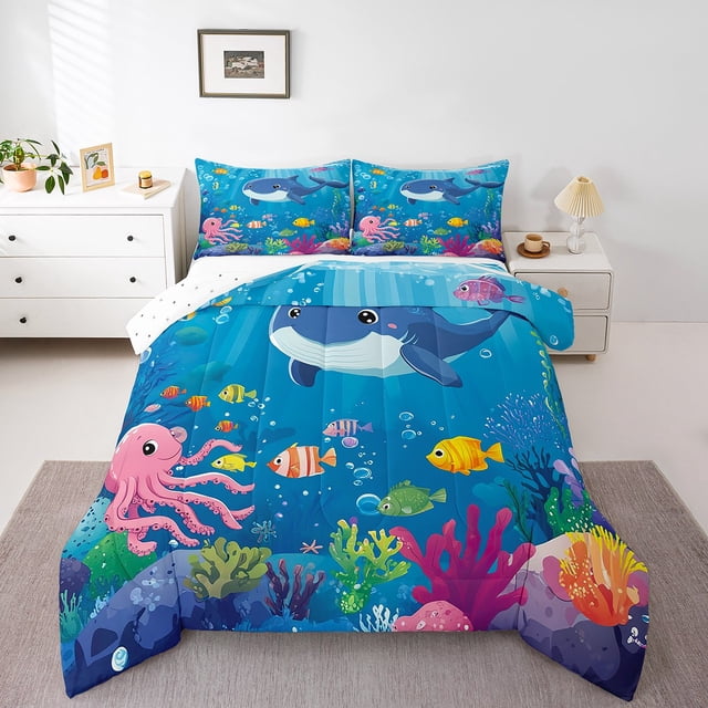 Erosebridal Cartoon Whale Octupus Fish Bedding Comforter Set, Deep Ocean Coral Down Comforter, Reversible 2 Pieces