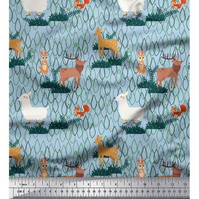 Soimoi Poly Georgette Fabric Rabbit,Sheep & Deer Kids Print Fabric by Yard 52 Inch Wide