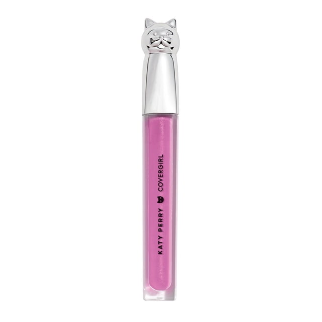 COVERGIRL Katy Kat Gloss lip gloss in a clear tube with pink shimmering pigment, topped with a silver cat-shaped cap and black branding text, delivering a thick, creamy, non-sticky formula with rich color and soft shine, often used to add a dazzling 3-D glitter effect.