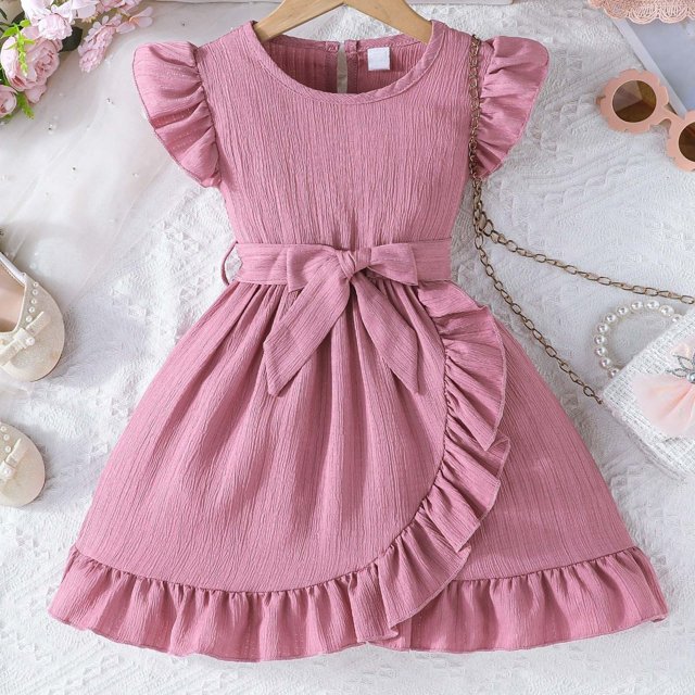 Robes d'Été Décontractées pour Filles, Robe Confortable à Manches Flottantes avec Rayures et Ceinture pour Usage Quotidien et Activités Extérieures, Âges 3-7