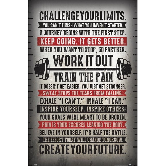 Affiche Murale Défiez Vos Limites, 14,725 Po x 22,375 Po, art Mural de Mise en Forme Motivationnel avec Texte Audacieux Noir et Rouge Comprenant des Citations comme « Keep Go. It gets better. » et un Graphique de Barre sur un Fond beige Vieilli, Convient à la Déco de la Maison et aux Espaces d'Entraînement.