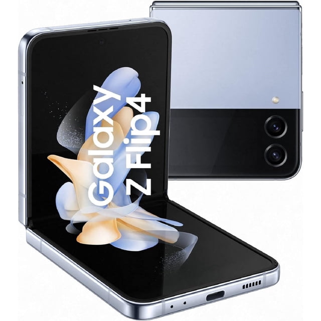 Refurbished Samsung Galaxy Z Flip4 5G smartphone in blue, featuring a sleek foldable design with a 6.7-inch Dynamic AMOLED 2X display and 1.9-inch Super AMOLED cover screen. Fully unlocked and in excellent condition, it includes 12MP dual rear cameras, a 10MP front camera, Snapdragon 8+ Gen 1 processor, 128GB storage, and 8GB RAM. Water-resistant with an Armor Aluminum frame.