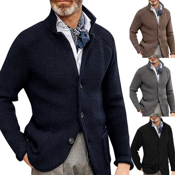 Blekii Men's Chunky Knit Cardigan Stand Collar Wool Blend Thick Textured Xl