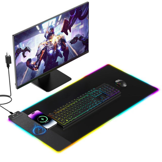 TopMade Wireless Charging Mouse Pad, RGB Gaming Mousepad Home Office Large Desk Mat with 13 Light Modes, Ultra-Smooth Surface, Non-Slip Rubber Base (Includes 20W PD