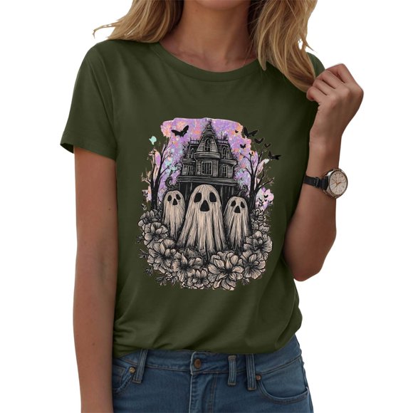 HUITKMM Cotton T Shirts Women Women's Halloween Graphic Print Short Sleeve T Shirt Casual Round Neck Tee for Summer Party Outfit with Jeans