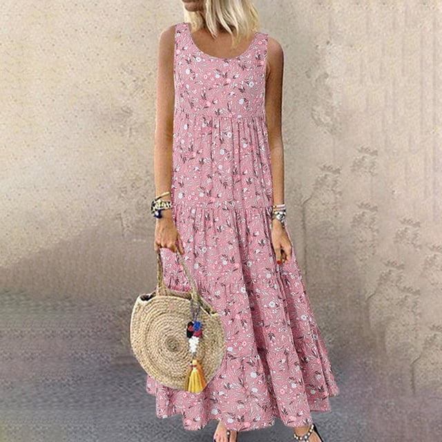 EQWLJWE Liquidation d'Économies d'Été! Robe Décontractée pour Femmes Grande Taille à Imprimé, Col Rond, Sans Manches, Taille Ample, Ourlet Rabattable, Robes pour Femmes 2023