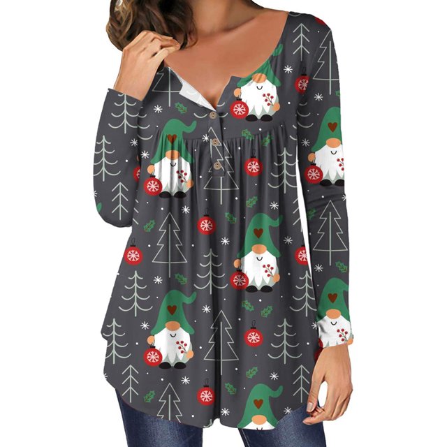 Blouses pour Femmes Décontractées Amples à Col Rond à Boutons à Manches Longues Haut à Imprimé de Noël Hauts pour Dames en Liquidation