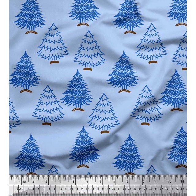 Soimoi Georgette Viscose Fabric Christmas Tree Block Printed Fabric 1 Yard 42 Inch Wide