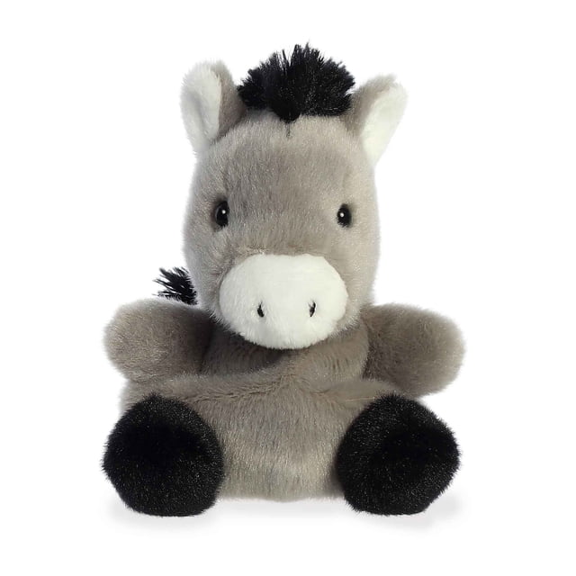 Aurora Palm Pals - Eli Donkey 5-inch stuffed animal plush toy featuring a soft, fluffy gray body with black hooves, a tufted black mane, and a white snout. Made with high-quality materials and bean pellets for stability, suitable for all ages.