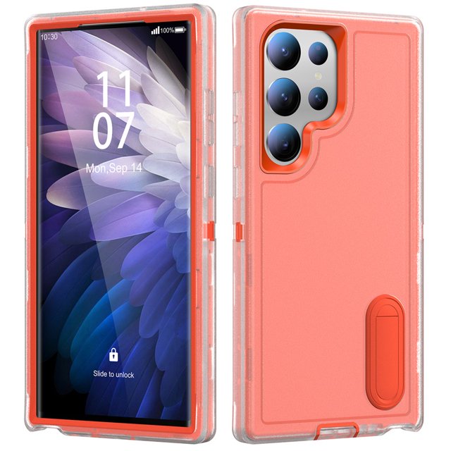 Samsung Galaxy S23 Ultra 5G case by YEYKX, designed for heavy-duty protection with a military-grade shockproof and drop-proof build. The coral-colored case features a built-in hidden kickstand for adjustable viewing angles, raised edges for screen and camera protection, and dustproof port covers. Compatible with the 6.8-inch Samsung Galaxy S23 Ultra 5G.