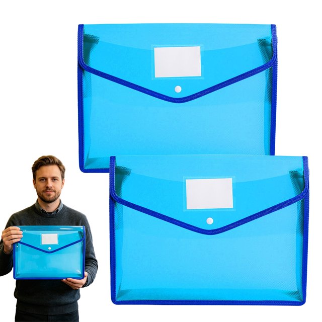 2PCS Documents Holder Envelope Folder, File Storage Bag with Button Transparent Plastic, Certificate File Holder Document Folder, Blue