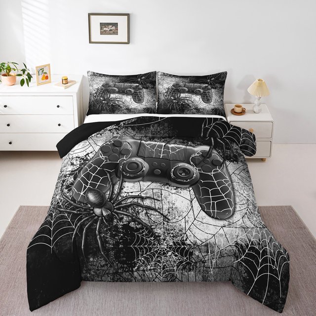 Erosebridal Boys Gamepad Bedding Twin Comforter Set,Video Game Down Comforter,Spider Web Decor,Reversible,2-Piece