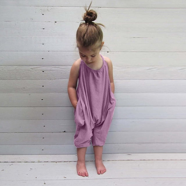 EGNMCR Rompers for Kids Toddler Baby Girl Jumpsuits Summer Solid-color Strap Romper Pants With Pockets Kid Rompers