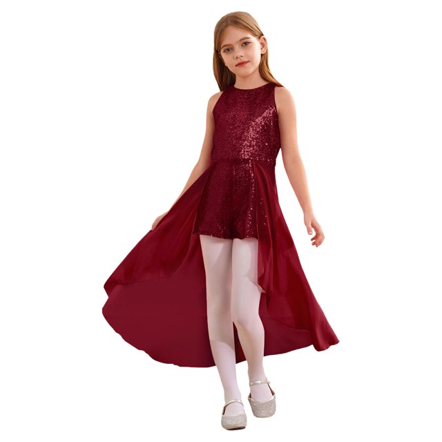 renvena Combinaison-Robe Maxi à Paillettes pour Filles Enfants en Mousseline Sans Manches Concours Mariage Fête Demoiselle d'Honneur Bourgogne 10