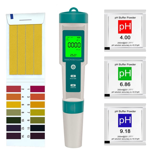 Graflsoa Portable 7-in-1 Water Quality Tester with Backlight - High Precision for PH, TDS, EC, Salinity, S.G, ORP, and Temperature Measurements (C-600) + PH Test Paper