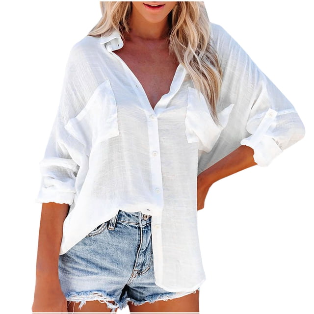 Timegard Womens Shirts Button down Tops Long Sleeve Lapel V Neck Blouse Fall Lightweight Shirts Tops