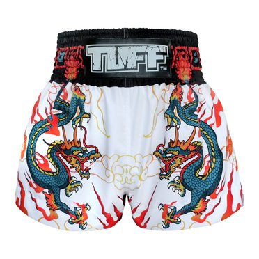 Tuff Muay Shorts de Boxe Thaï TUF-MS622-RED-L : Unisexe Adultes, Blanc avec Dragon Bleu, Motif Dragon, Coupe Régulière, Taille Basse, S-TG