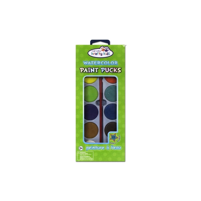 Ensemble de Pastilles de Peinture Aquarelle Contenant 12 Pastilles Rondes de Peinture en Couleurs Assorties Incluant Jaune, orange, Vert, Sarcelle, Violet, Bleu, Brun et Noir, Disposées en Deux Colonnes Verticales avec un Pinceau Rouge au Centre, Emballées dans une Boîte Verte avec Image de Marque Artisanale pour Enfants, Convenant aux Fournitures d'Art Aquarelle et aux Enfants de 3 Ans et Plus.