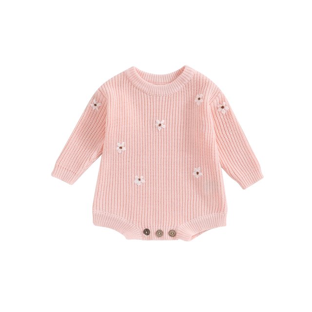 FOCUSNORM Infant Baby Girl Knitting Jumpsuit Flower Embroidery Round Neck Long Sleeve Romper for Fall Winter