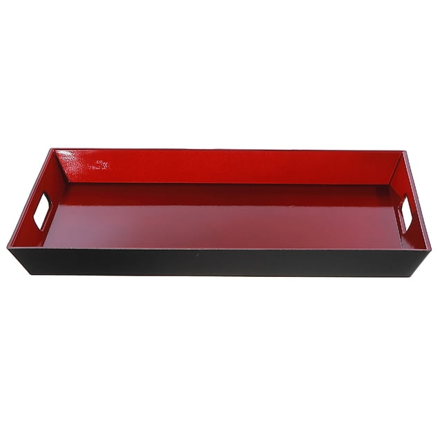 Plateau de Service Rect. avec Poignée (Rouge) Plateau de Service Rectangulaire Rouge en Mélamine avec Poignées à Boucle Latérale Intégrée et Bord Lisse à Fini Doré, Vue Orientée vers l'Avant Montrant une surface Lustrée et un Profil de 17,9 x 11,8 x 1,4 Po, Idéal pour le Service sur Table de Boissons et de Collations et Souvent Utilisé pour un buffet Ou un Réception.