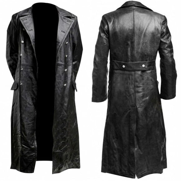 VEKDONE 2025 Clearance Black Leather Trench Coat Mens Full Length,Leather Duster Coat Long Warm Winter Overcoat for Men