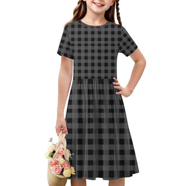 Liquidation d'Économies d'Été Iumwxz Robe Décontractée Trapèze Robe Tunique pour Adolescentes Robe Col Rond Imprimé à Carreaux Manches Courtes Robes pour Filles Coupe Ample Robe pour les Vacances 4-14a