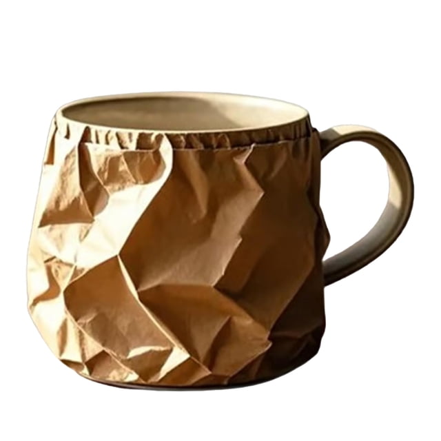 Minimalist Paper Bag Design Ceramic Mug Unique Pleated Texture Novelty Coffee Cup for Home and Use