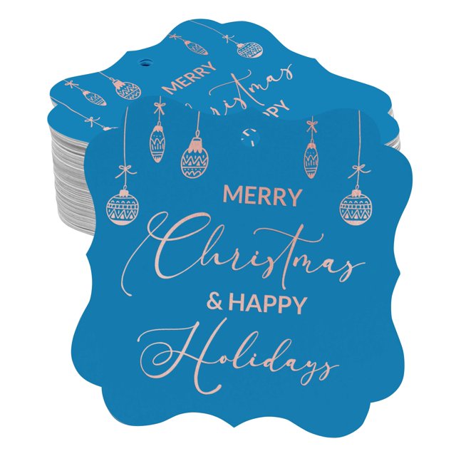 Inkdotpot Pack Of 50 Merry Christmas & Happy Text Paper Tags DIY Craft Bracket Shape Real Rose Gold Foil Hang Tags