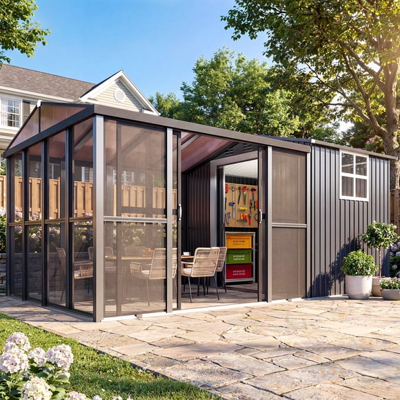 YODOLLA Solarium 10 x 10 Pi avec Remise de Rangement Extérieure en Métal 6 x 10 Pi