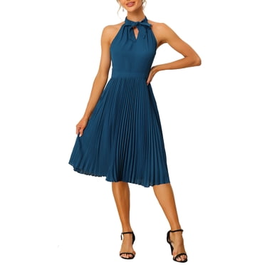 INSPIRE CHIC Women's Pleated Dress Tie Halter Neck Sleeveless Chiffon Wear-to-Work Midi Dresses L Navy Blue