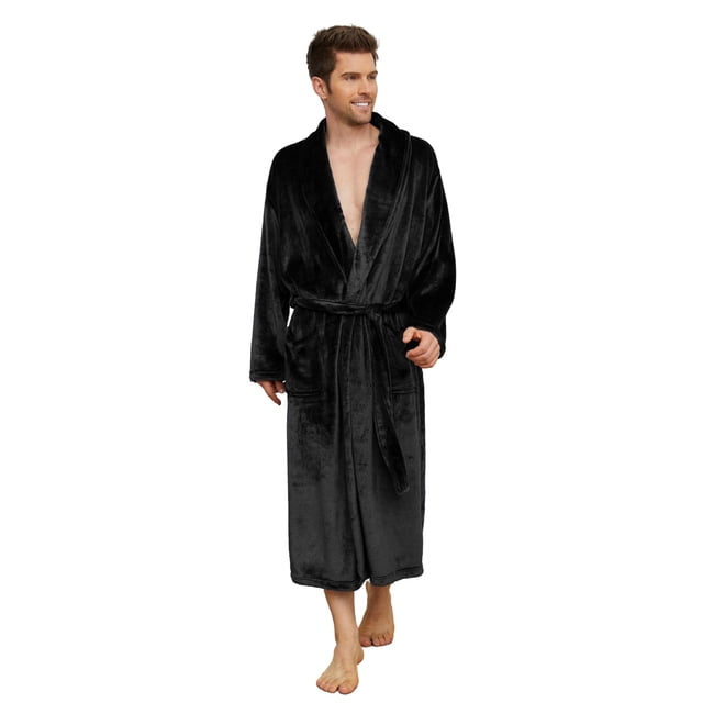 U2SKIIN Mens Fleece Robe in black, size L-XL, featuring a long plush design with a shawl collar and tie belt. This men's bathrobe is crafted from premium fleece for warmth and softness, perfect for lounging or staying cozy during winter months.