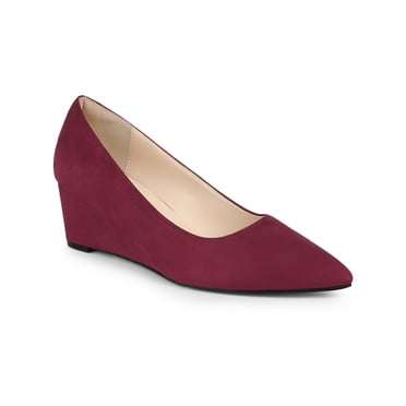 BLISSFUL STEP Women's Pointed Toe Slip on Wedge Heel Pumps Burgundy 10
