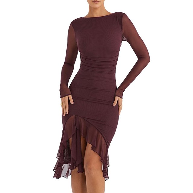 CNKOO Robe à Manches Longues à Volants Unie pour Femmes Style Midi Moulant