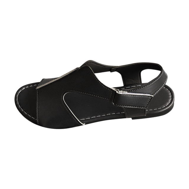 Sandales Romaines pour Femmes, Chaussures de Plage Plates à Bout Rond et Bout Ouvert avec Bride de Cheville Ajustable et Semelle Intérieure Coussinée, Noir Taille 36