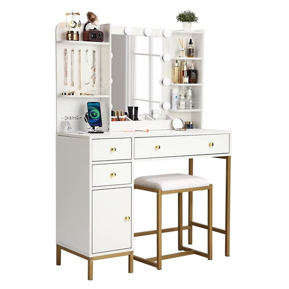 GloryStar Modern Vanity Table Set, Lighted Mirror and Stool with 3 Color Modes, Drawers, Shelves and Charging Station for Makeup Storage