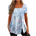 thumbnail image 2 of Hauts d'Été Grande Taille à Manches Courtes pour Femmes Mode Décontractée Imprimée Col Carré Manches Courtes Boutons Hauts Blouses Amples Col en V T-Shirt Femmes en Solde, 2 of 5