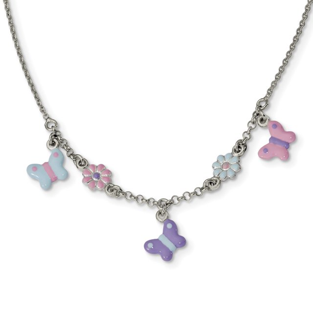 Collier Floral et Papillon en Argent Sterling Poli Émaillé 14 Pouces