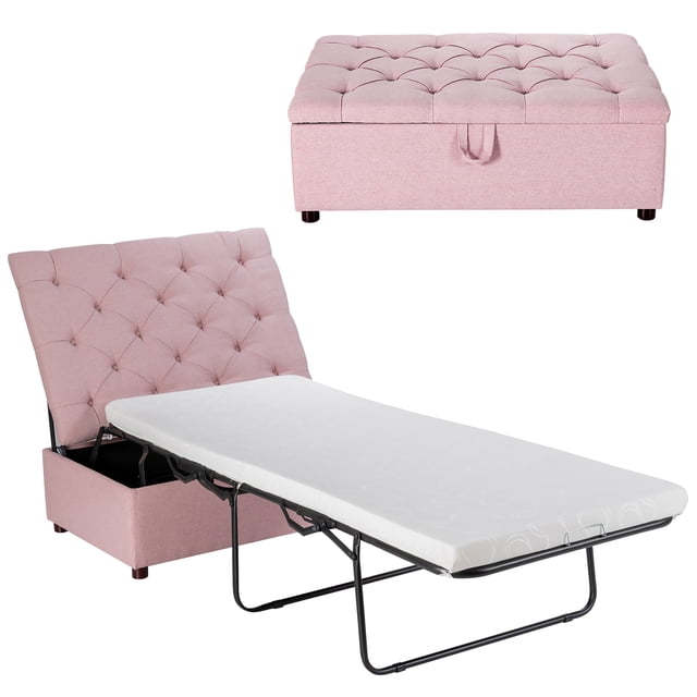 Costway Ottomane-Lit Pliable avec Matelas Lit d'Appoint Convertible Rose
