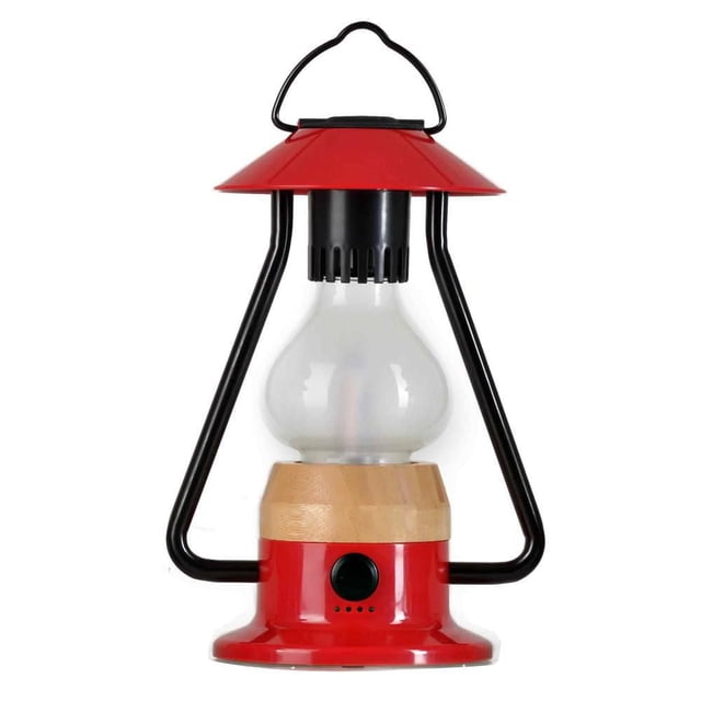 Romantico Classic Design Rechargeable Rechargeable LED Lamp with red metal base and top, black metal frame, bamboo accent, and frosted glass bulb cover, featuring a black power button and top handle, suitable for camping and outdoor use with Bluetooth speaker and power bank features.