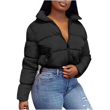 IROINID Women's Puffer Jacket Long Sleeve Solid Color Turndown Lapel Outwear, Comfy Ladies Short Stand Collar Warm Bread Down Jacket