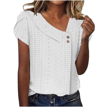 LUOGENLI T-shirts pour Femme pour Femmes T-Shirt Uni à Col en V à Boutons à Manches Fleuries T-Shirt à Manches Courtes Haut T-shirts pour Femmes T-shirts Graphiques T-shirts de Pêche la Saint-Patrick Blanc P