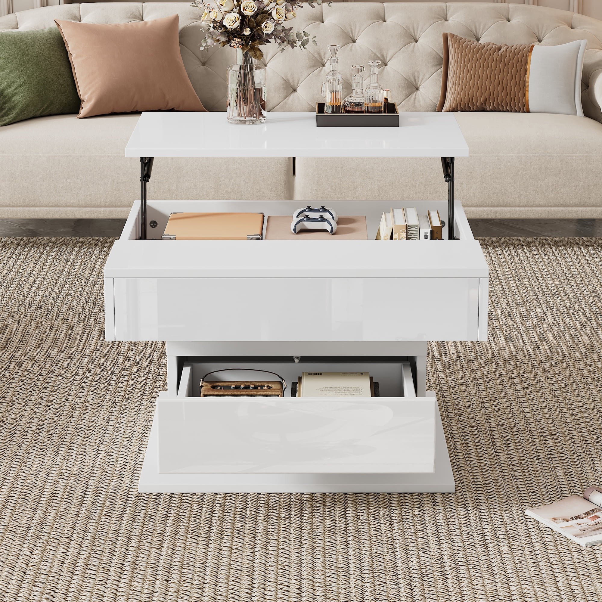 Table basse pivotante Noble House, plateau relevable brillant à 360°, blanche
