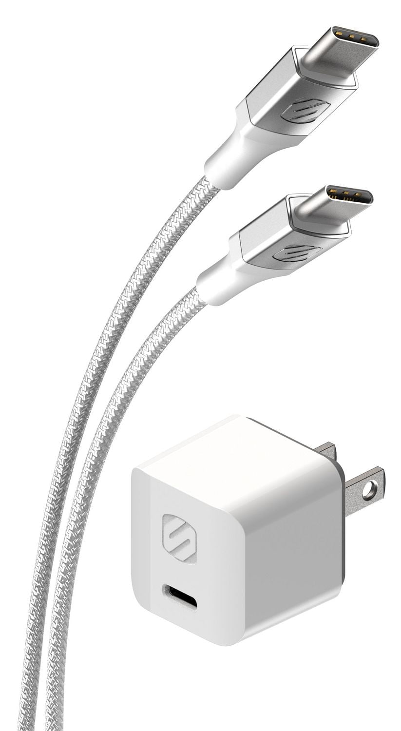 Mini chargeur mural résidentiel HPD30CCB8W-SP PowervoltMC Scosche 30 watts USB-C avec câble tressé de 2,4 m (8 pi) USB-C à C